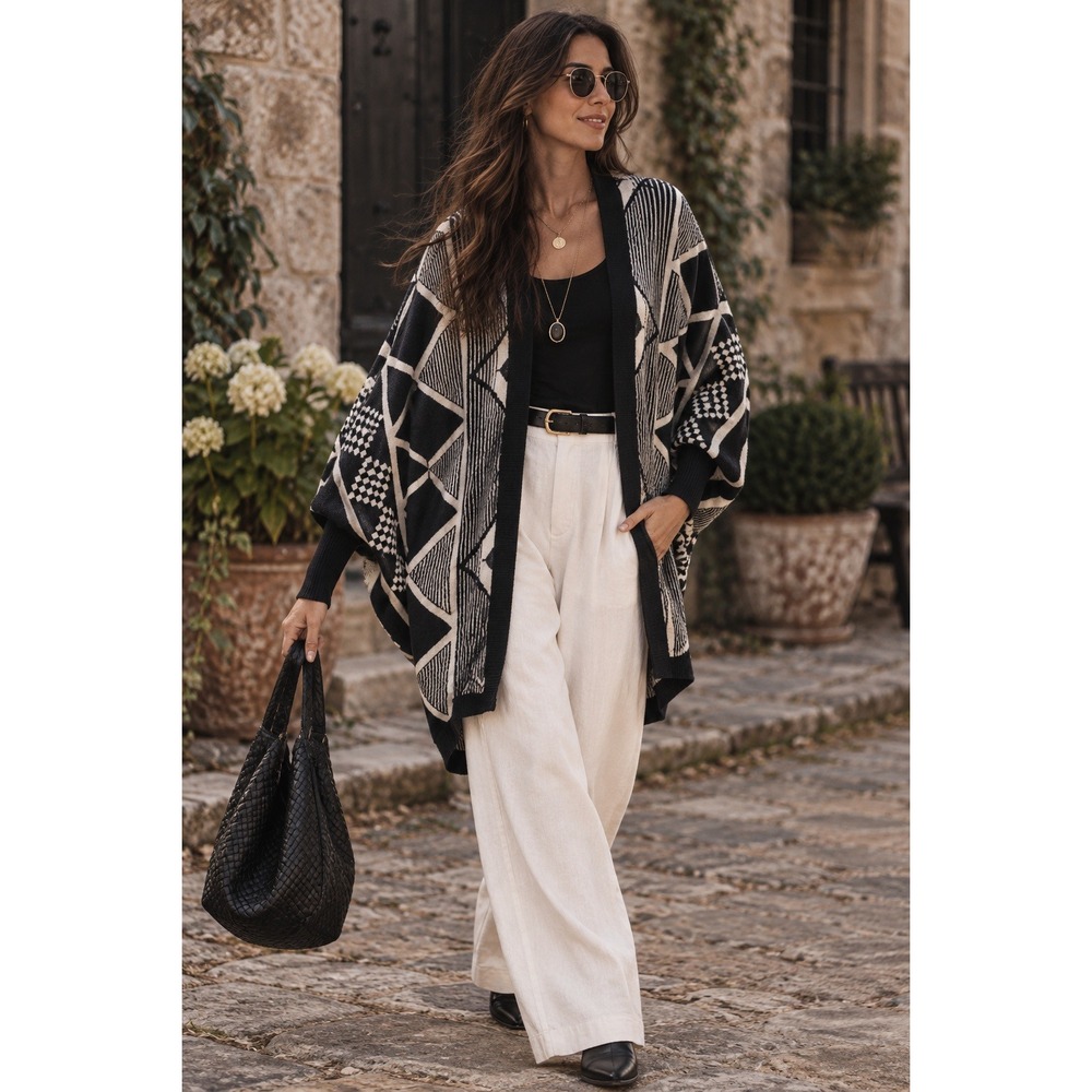 Loft Navy Cream Geometric Jacquard Cardigan Eclectic Batwing Kimono Art Deco L